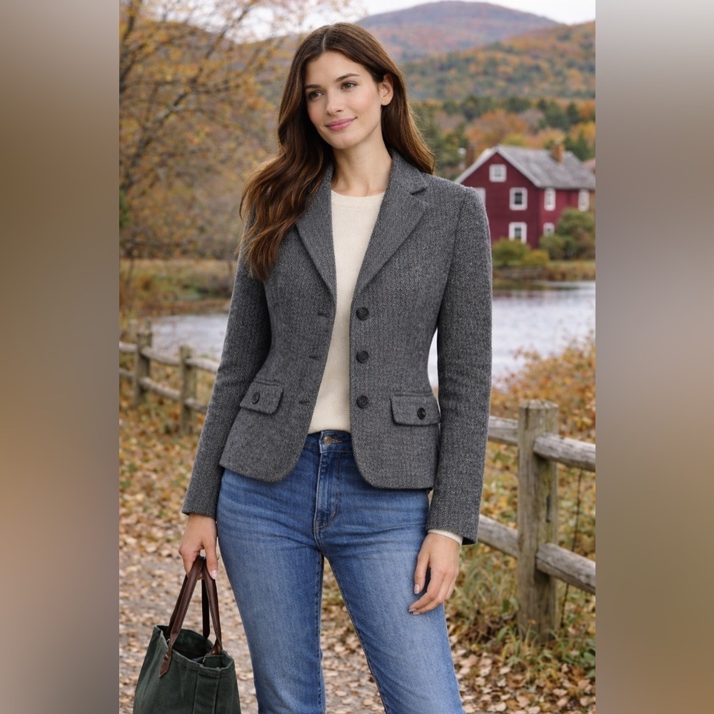 L.L. Bean Gray Black Herringbone Wool Silk Blend Blazer Heritage Classic Small